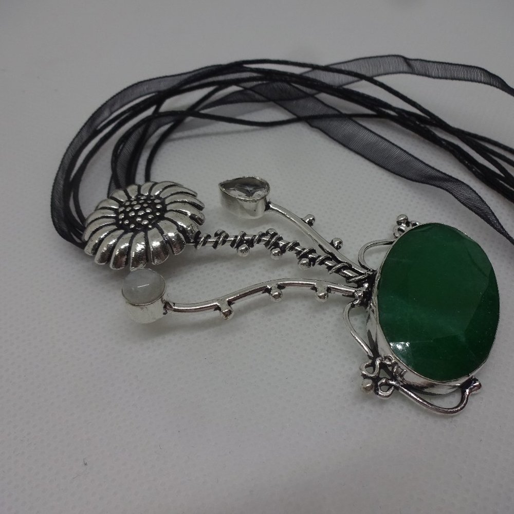 Stunning "STERLING DAISY PENDANT with JADE, MOONSTONE & WHITE QUARTZ" Necklace
